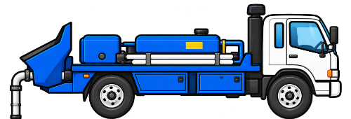 Illustration of a Pumpet line pump truck with its delivery pipe running to the ground