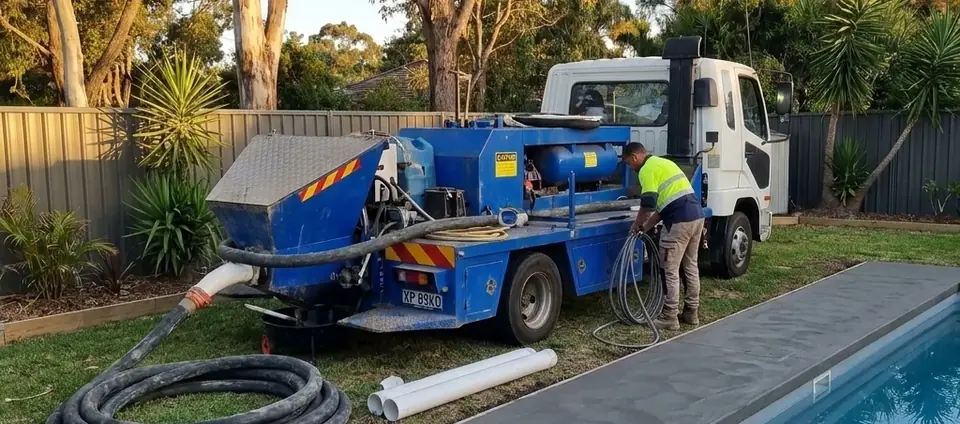 Pumpet truck and crew pumping a concrete pool surround in a backyard at dusk